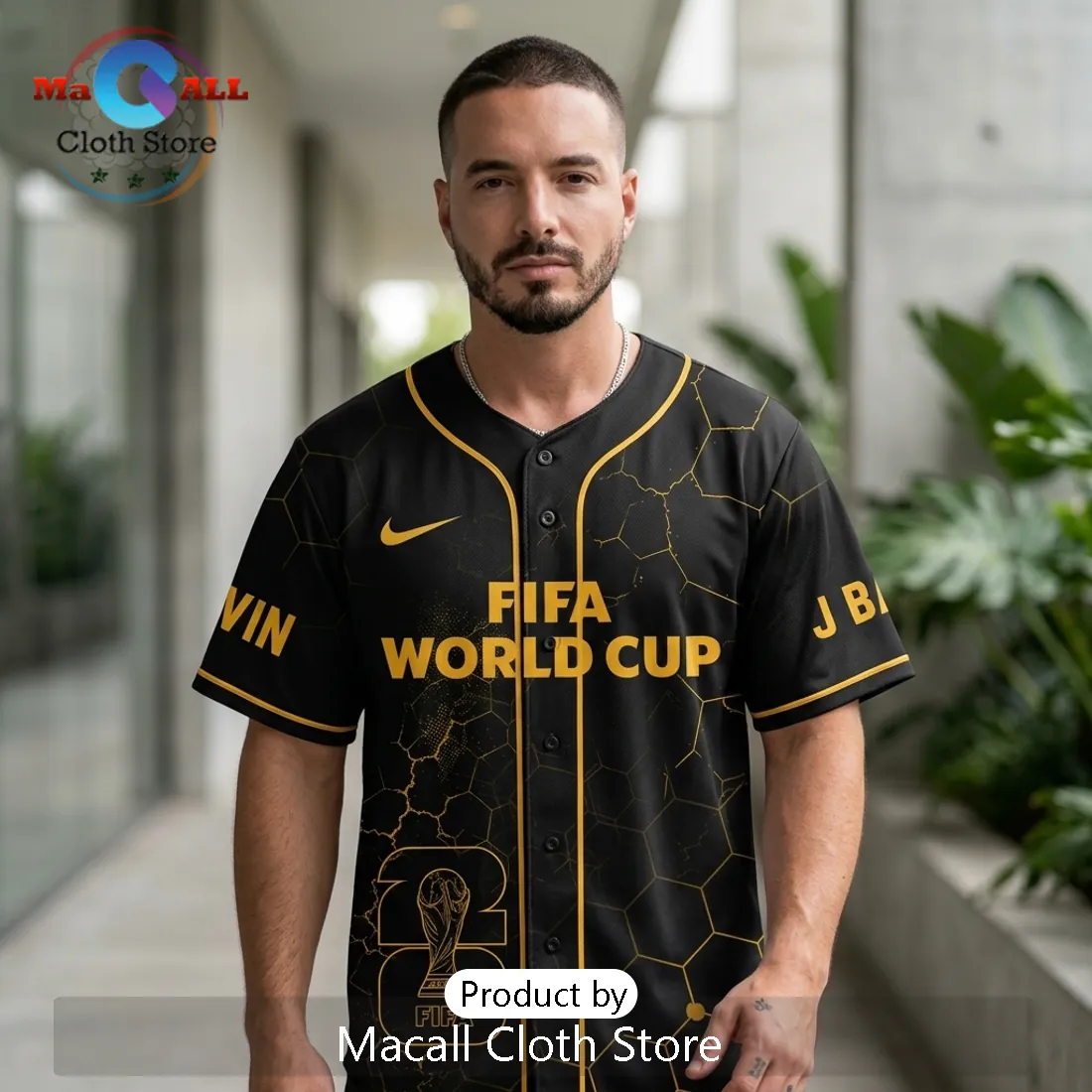 J Balvin x FIFA World Cup 2026 Black Gold Baseball Jersey J Balvin x FIFA World Cup 2026 Black Gold Baseball Jersey