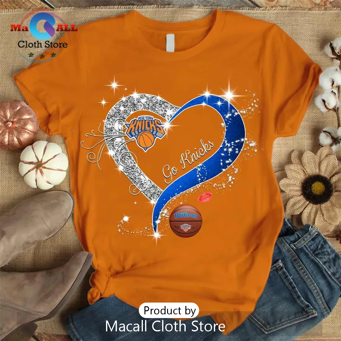 New York Knicks Glitter Heart Go Knicks Orange Women’s Graphic T-Shirt