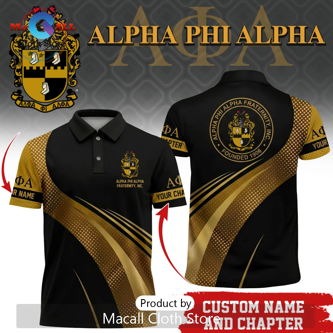 Alpha Phi Alpha Fraternity Custom Name and Chapter Black Gold Polo Shirt