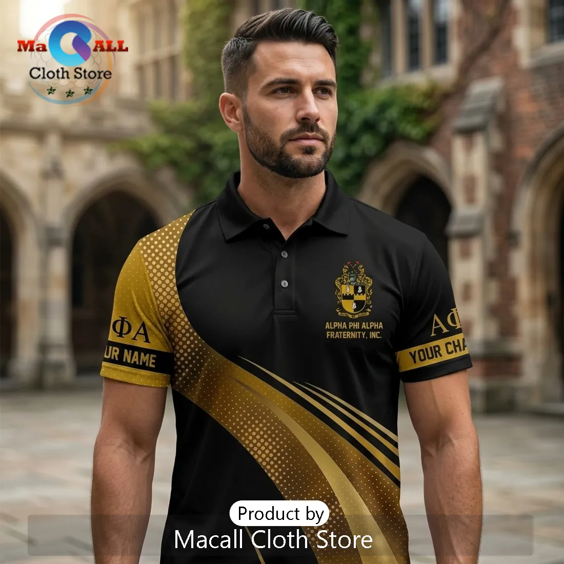 Alpha Phi Alpha Fraternity Custom Name and Chapter Black Gold Polo Shirt