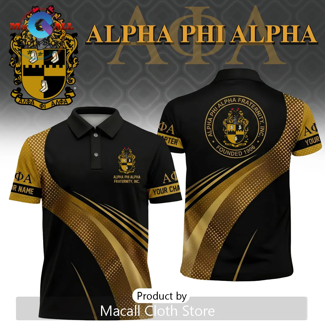 Alpha Phi Alpha Fraternity Custom Name and Chapter Black Gold Polo Shirt Alpha Phi Alpha Fraternity Custom Name and Chapter Black Gold Polo Shirt