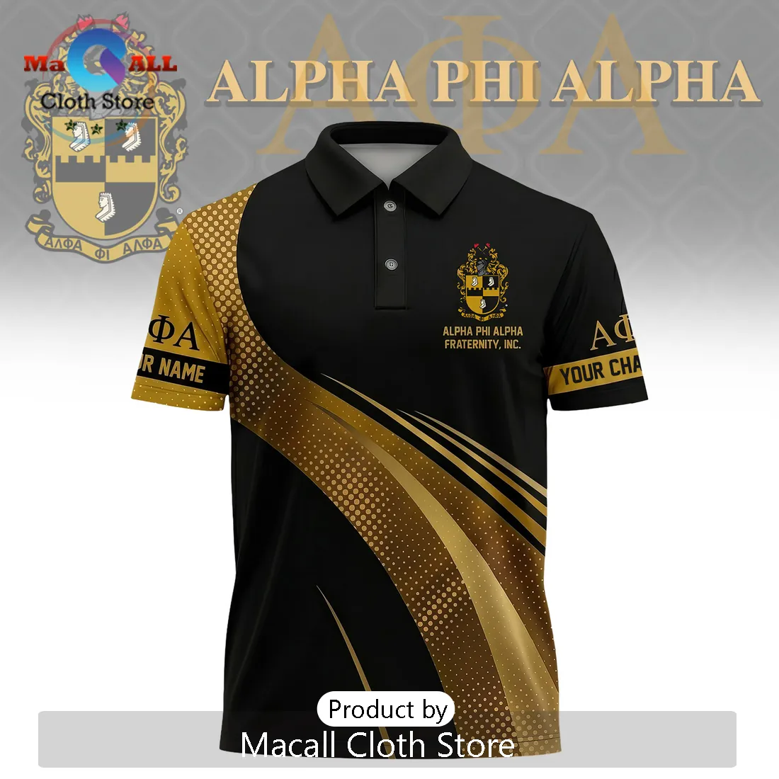 Alpha Phi Alpha Fraternity Custom Name and Chapter Black Gold Polo Shirt Alpha Phi Alpha Fraternity Custom Name and Chapter Black Gold Polo Shirt