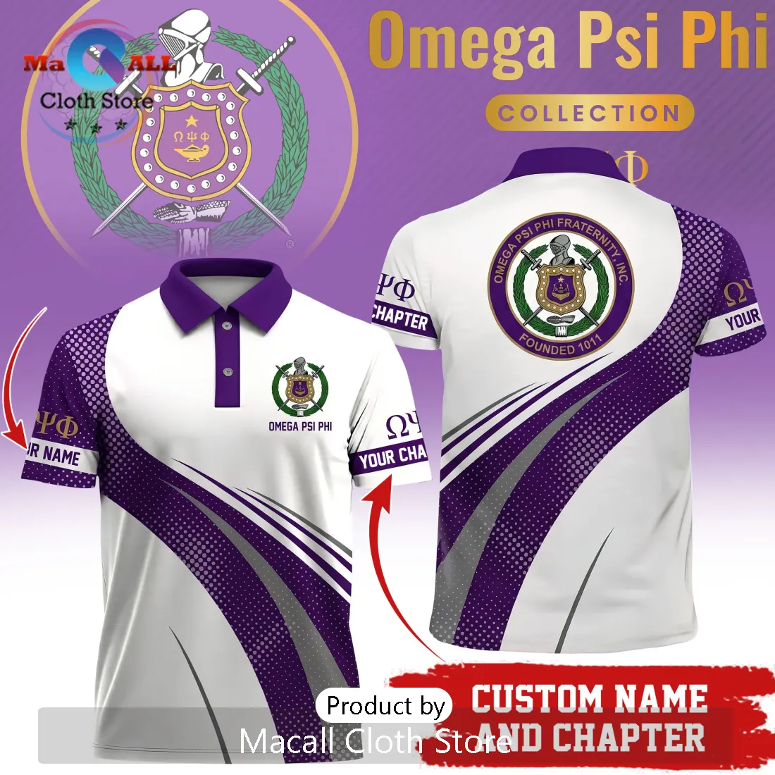 Omega Psi Phi Custom Name and Chapter Purple Gold Crest Polo Shirt