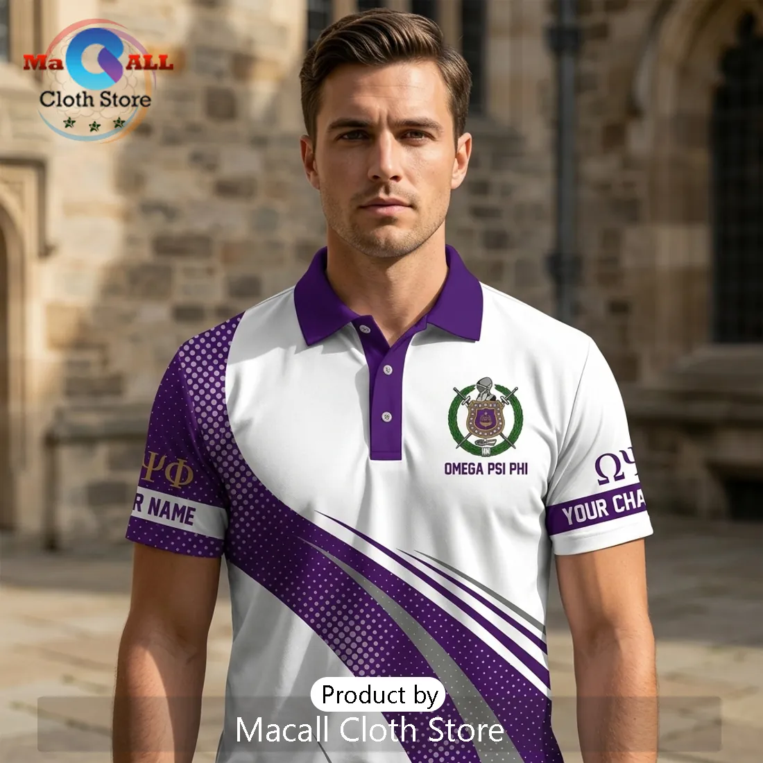 Omega Psi Phi Custom Name and Chapter Purple Gold Crest Polo Shirt