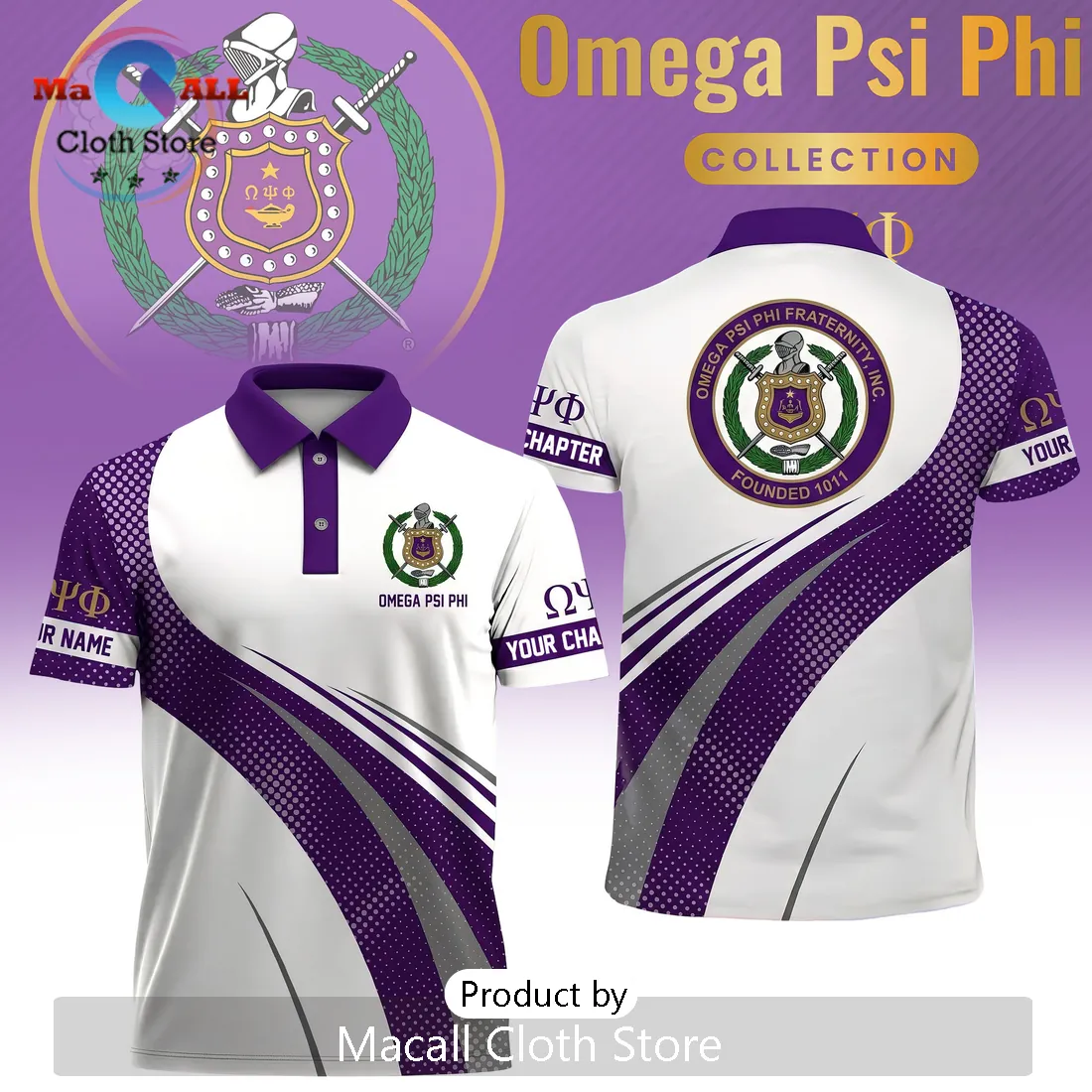 Omega Psi Phi Custom Name and Chapter Purple Gold Crest Polo Shirt Omega Psi Phi Custom Name and Chapter Purple Gold Crest Polo Shirt