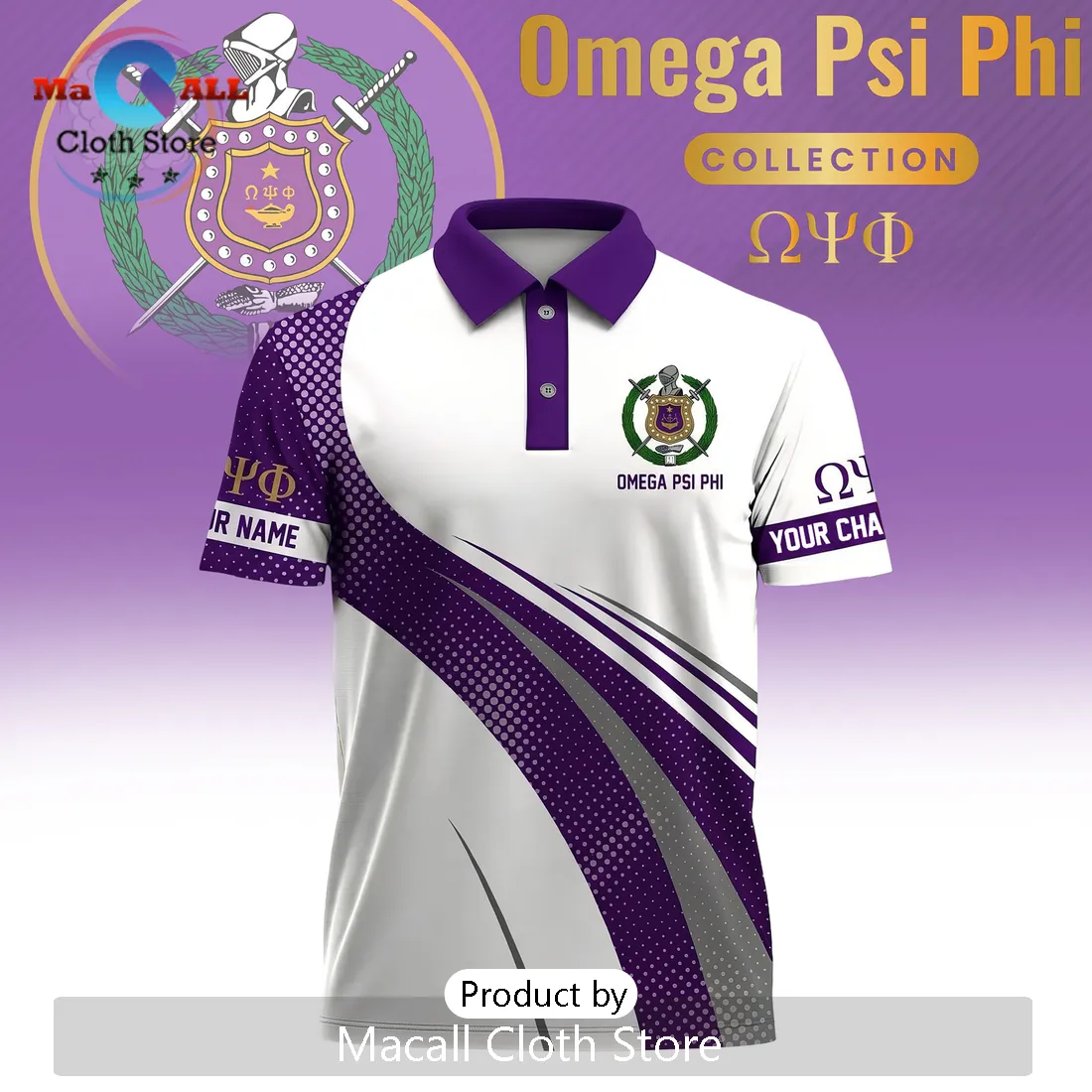 Omega Psi Phi Custom Name and Chapter Purple Gold Crest Polo Shirt Omega Psi Phi Custom Name and Chapter Purple Gold Crest Polo Shirt