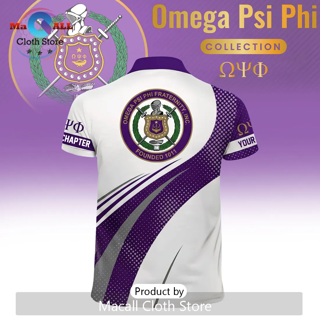 Omega Psi Phi Custom Name and Chapter Purple Gold Crest Polo Shirt Omega Psi Phi Custom Name and Chapter Purple Gold Crest Polo Shirt