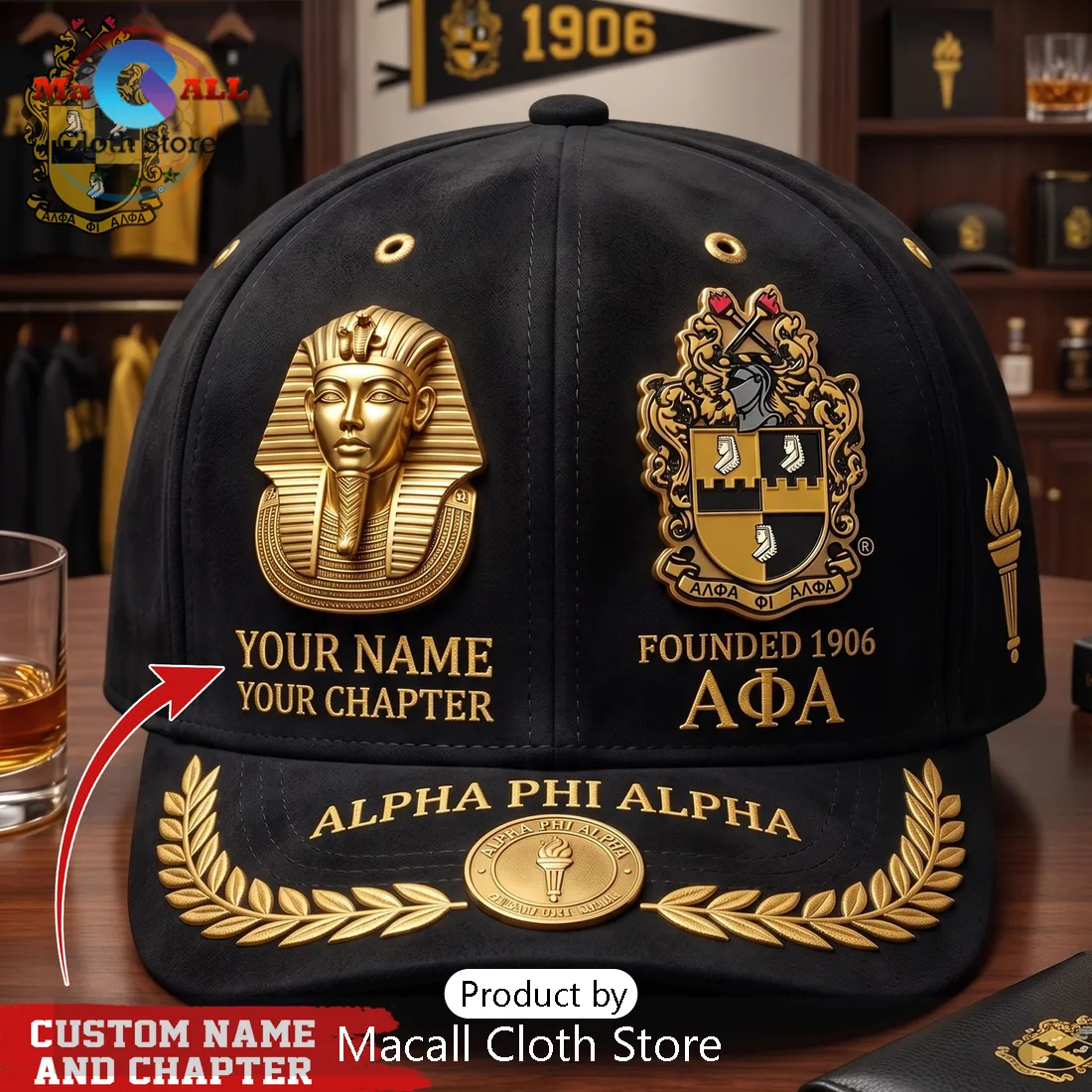 Alpha Phi Alpha Custom Name Gold Pharaoh Crest Embroidered Snapback Hat