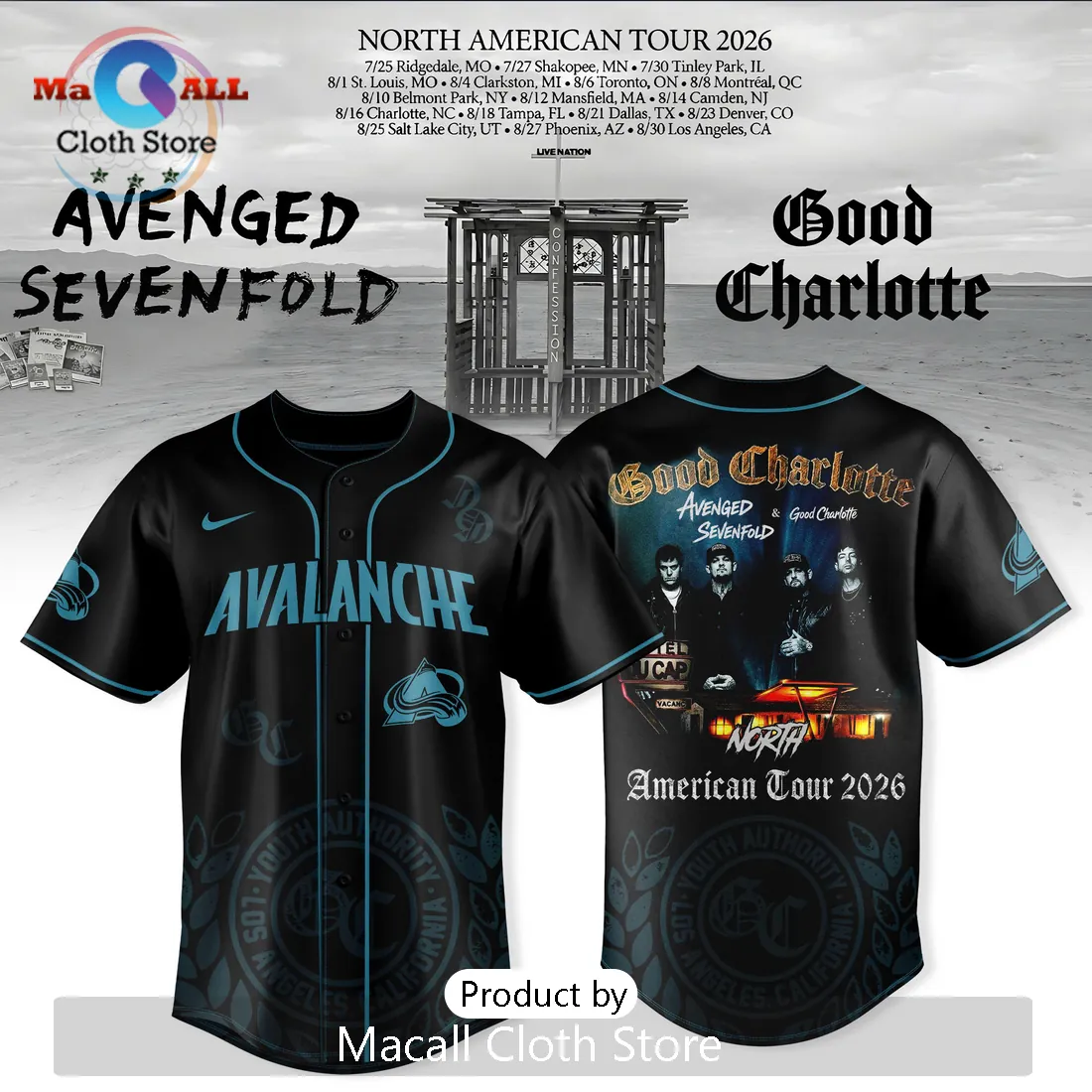 Avenged Sevenfold x Good Charlotte Colorado Avalanche 2026 Tour Baseball Jersey Avenged Sevenfold x Good Charlotte Colorado Avalanche 2026 Tour Baseball Jersey