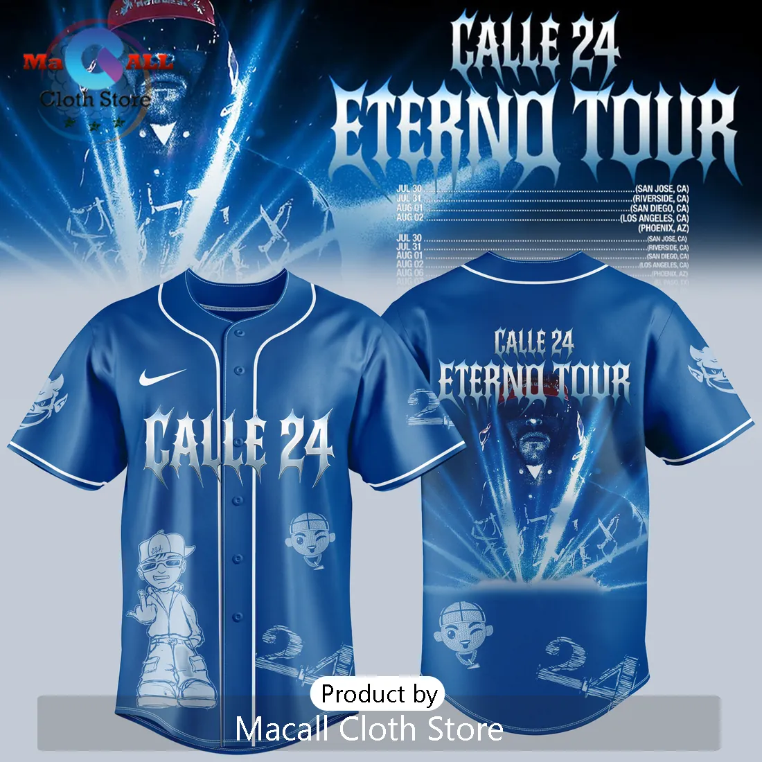 Calle 24 Eterno Tour Concert Graphic Royal Blue Baseball Jersey Calle 24 Eterno Tour Concert Graphic Royal Blue Baseball Jersey