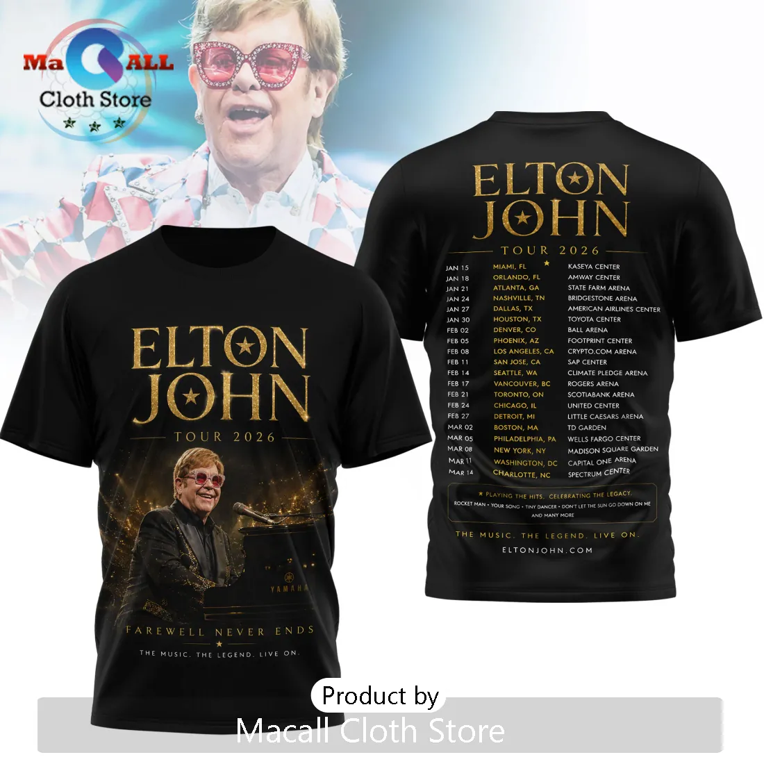 Elton John Tour 2026 Farewell Never Ends Concert Black T-Shirt