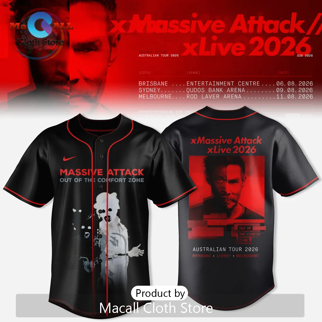 Massive Attack x Live 2026 Australian Tour Black Baseball Jersey