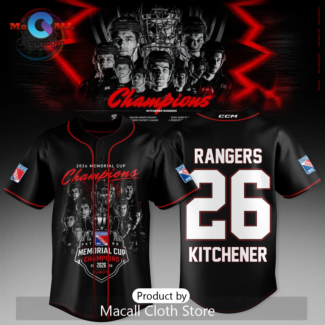 Kitchener Rangers 2026 Memorial Cup Champions Black Baseball Jersey