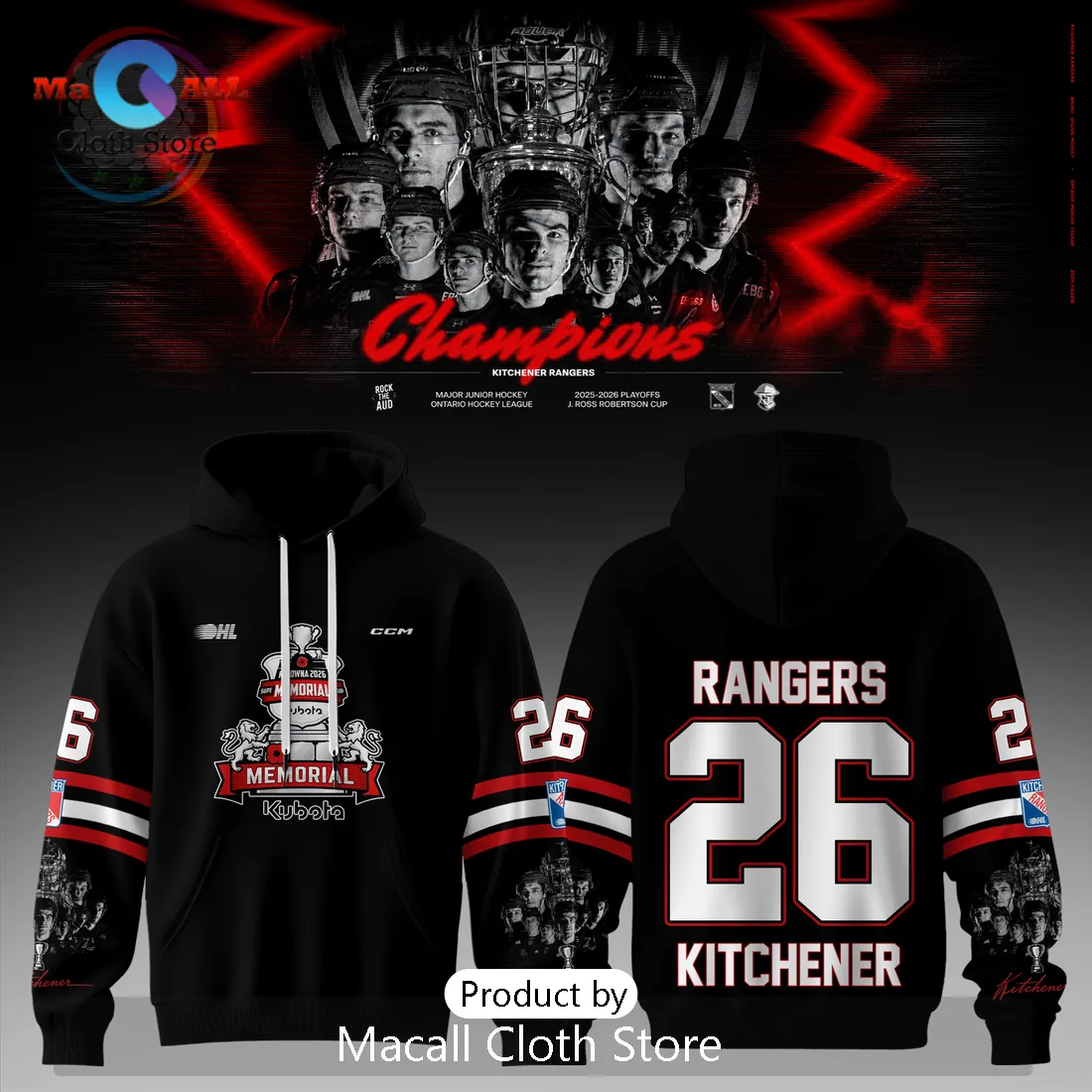 Kitchener Rangers 2026 Memorial Cup Champions Black Hockey Hoodie Kitchener Rangers 2026 Memorial Cup Champions Black Hockey Hoodie