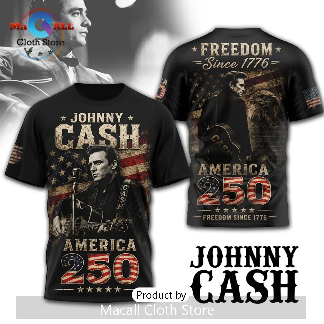 Johnny Cash America 250 Patriotic US Flag Graphic T-Shirt