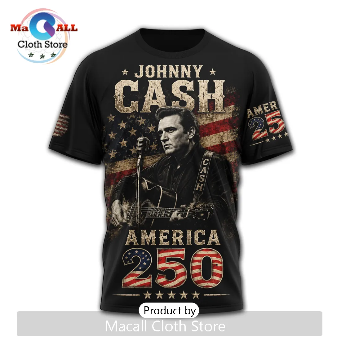 Johnny Cash America 250 Patriotic US Flag Graphic T-Shirt
