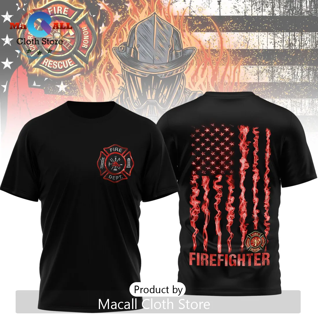Firefighter USA Flag Maltese Cross Courage Honor T-Shirt