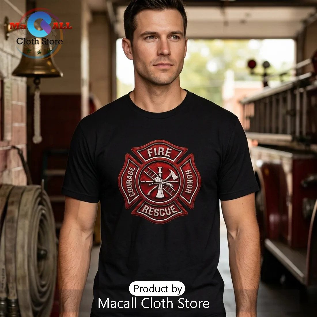 Firefighter USA Flag Maltese Cross Courage Honor T-Shirt
