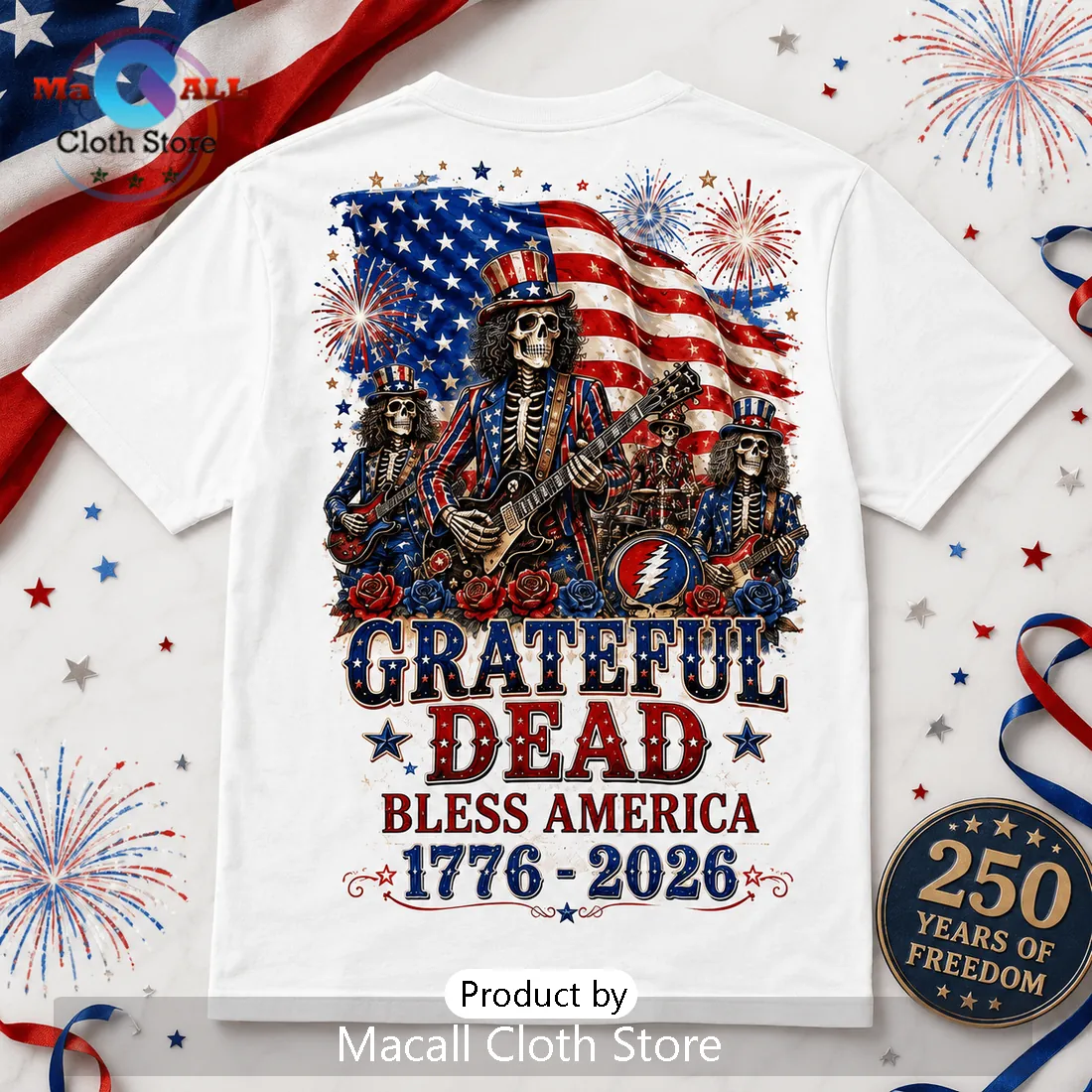 Grateful Dead 1776-2026 America 250 Years Freedom Graphic T-Shirt Grateful Dead 1776-2026 America 250 Years Freedom Graphic T-Shirt