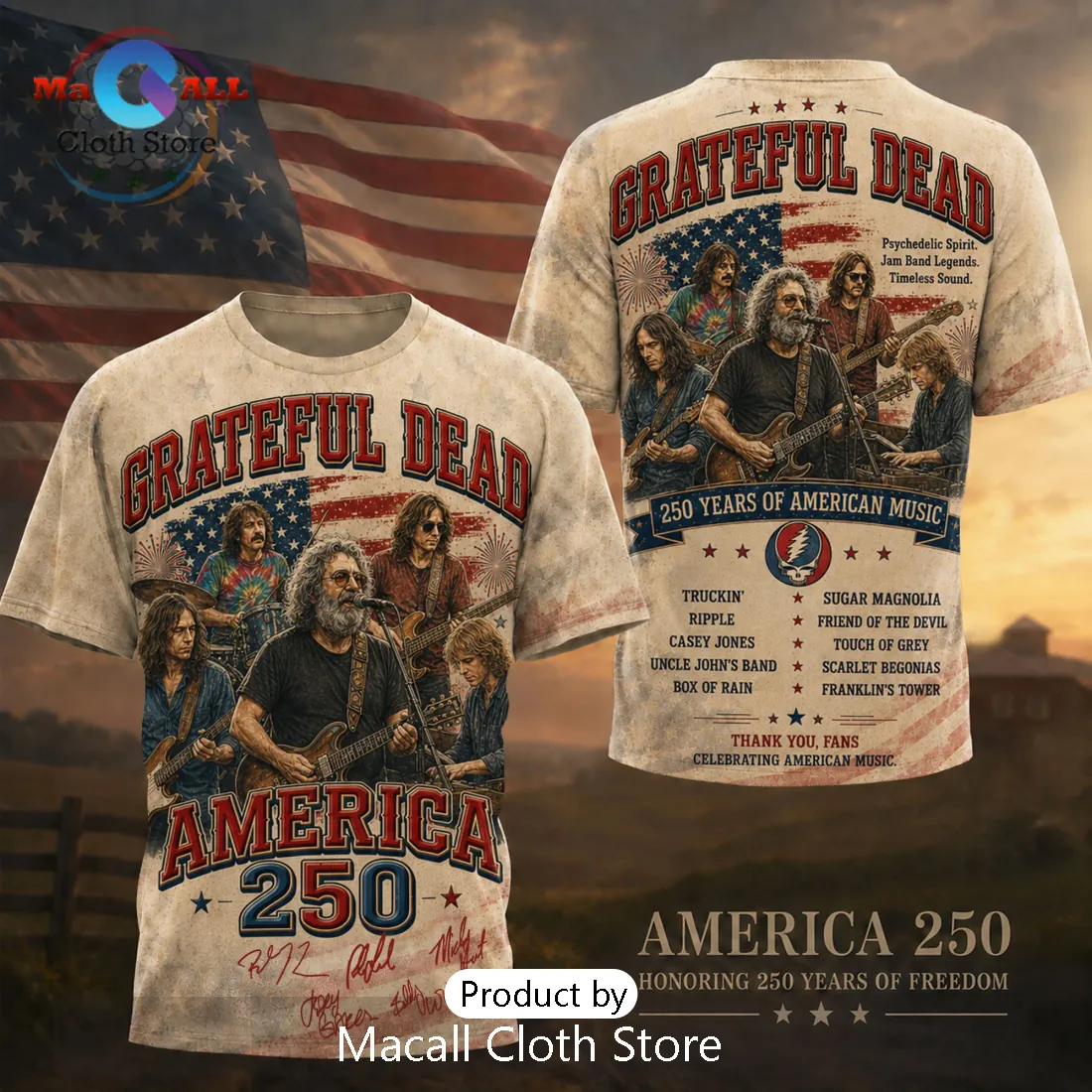Grateful Dead America 250 Patriotic USA Flag Graphic T-Shirt