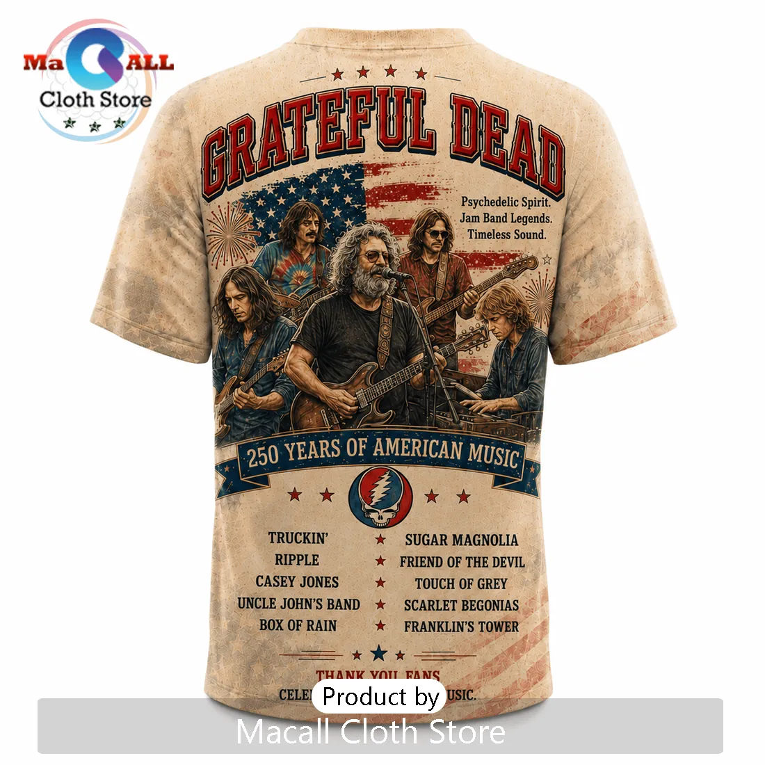 Grateful Dead America 250 Patriotic USA Flag Graphic T-Shirt Grateful Dead America 250 Patriotic USA Flag Graphic T-Shirt
