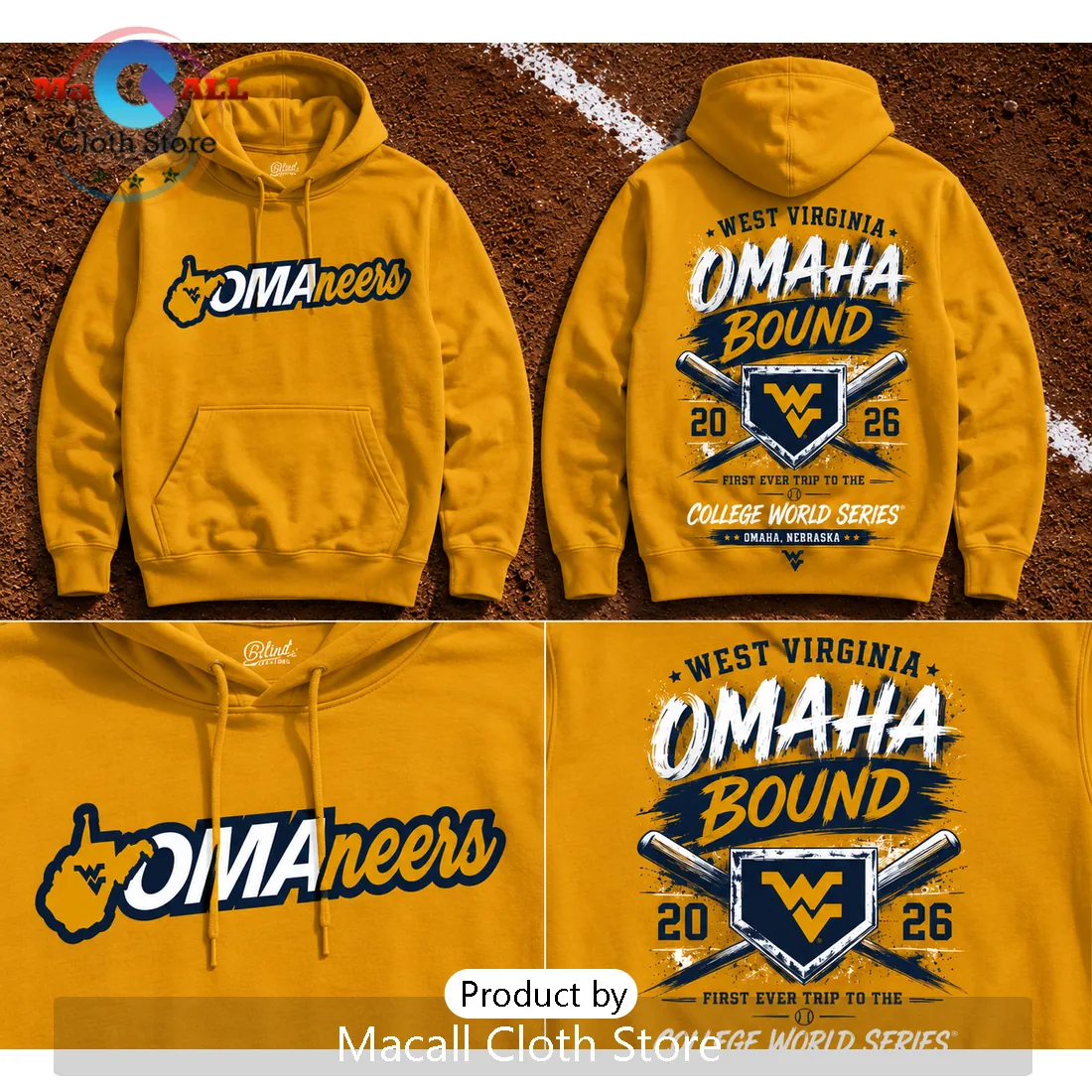 West Virginia Mountaineers 2026 CWS Omaha Bound Yellow Hoodie