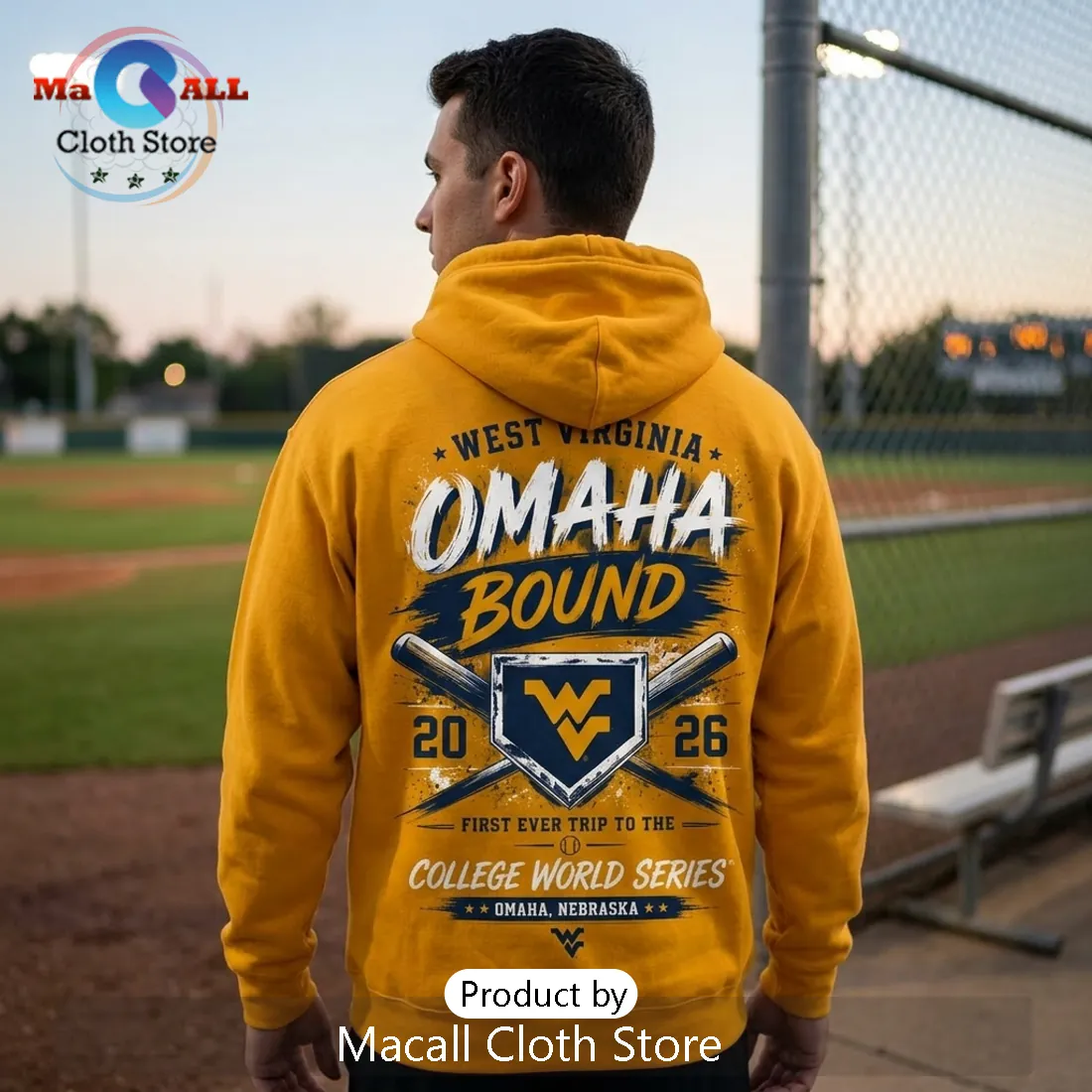 West Virginia Mountaineers 2026 CWS Omaha Bound Yellow Hoodie West Virginia Mountaineers 2026 CWS Omaha Bound Yellow Hoodie