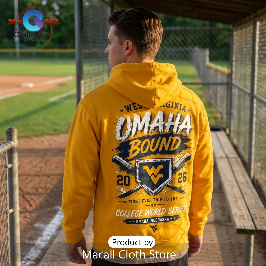West Virginia Mountaineers 2026 CWS Omaha Bound Yellow Hoodie West Virginia Mountaineers 2026 CWS Omaha Bound Yellow Hoodie