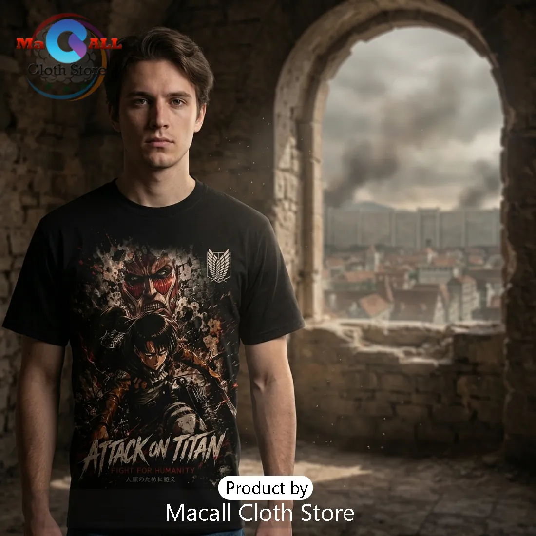 Attack on Titan Levi and Colossal Titan Anime 2026 T-Shirt Attack on Titan Levi and Colossal Titan Anime 2026 T-Shirt