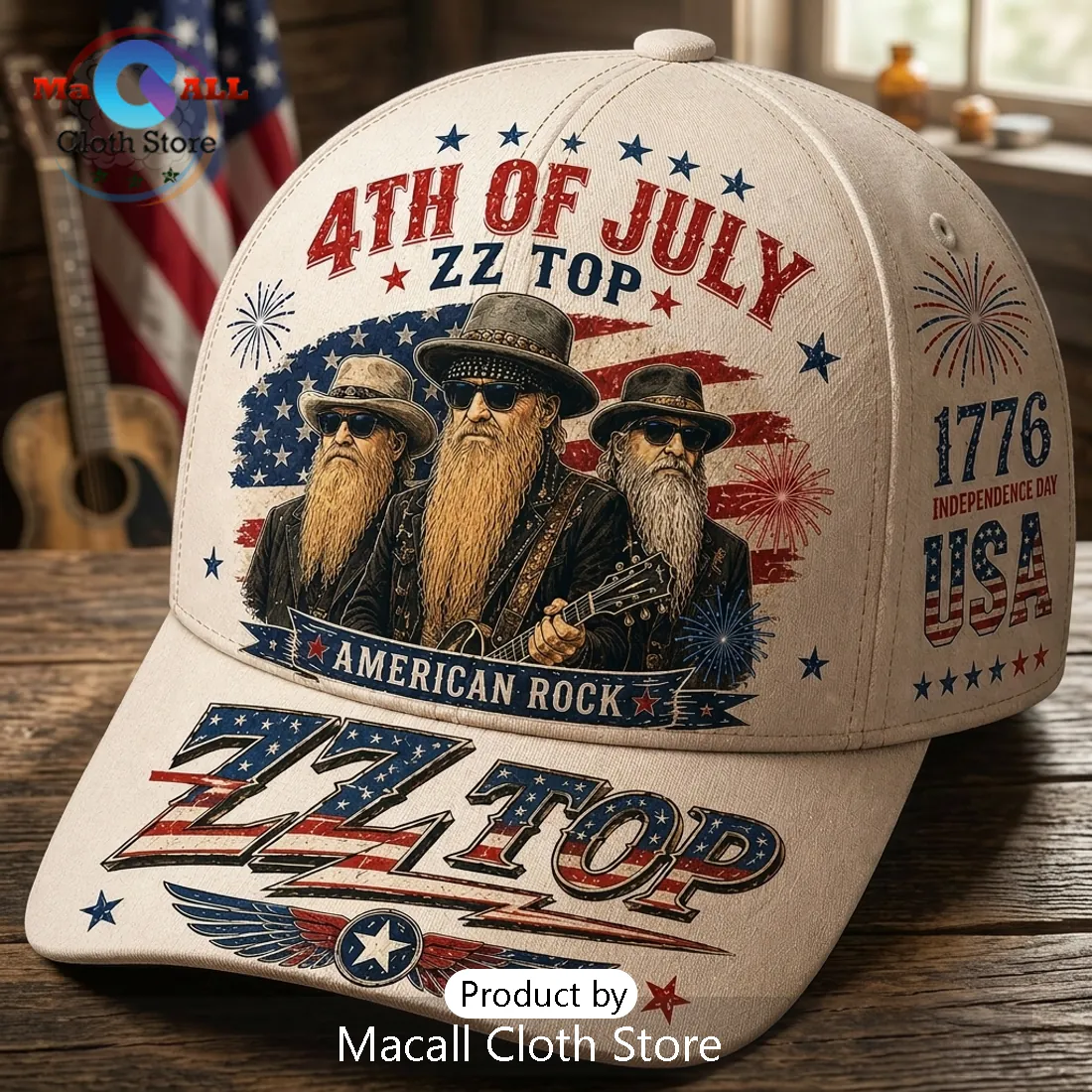 ZZ Top American Rock Independence Day 1776 Beige Baseball Cap