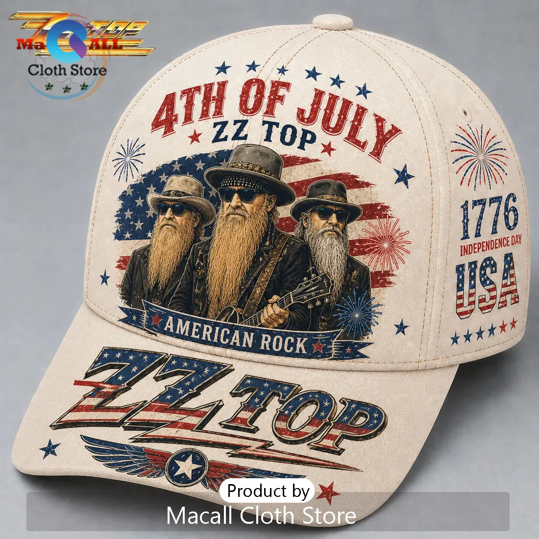 ZZ Top American Rock Independence Day 1776 Beige Baseball Cap ZZ Top American Rock Independence Day 1776 Beige Baseball Cap