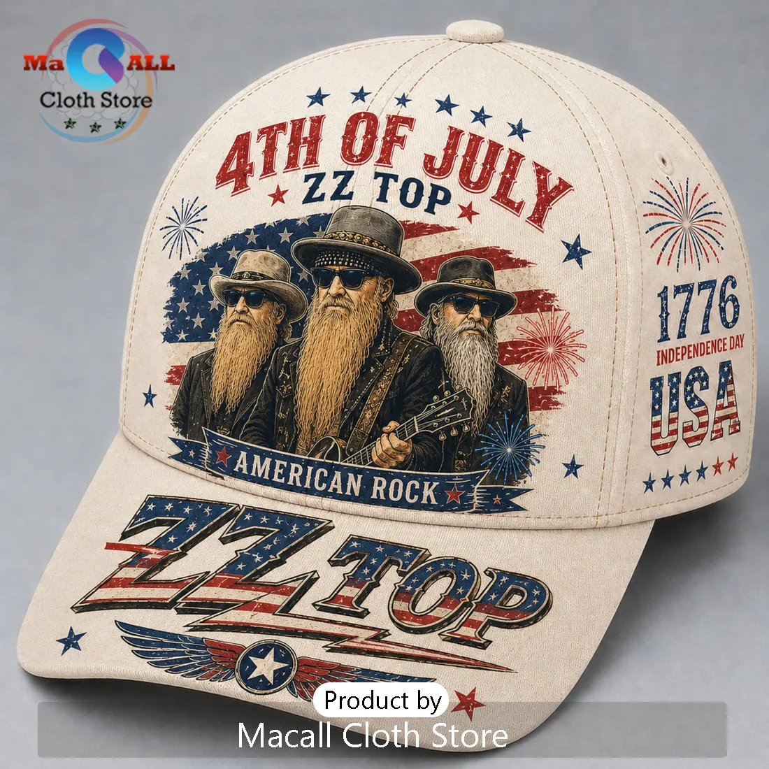 ZZ Top American Rock Independence Day 1776 Beige Baseball Cap ZZ Top American Rock Independence Day 1776 Beige Baseball Cap