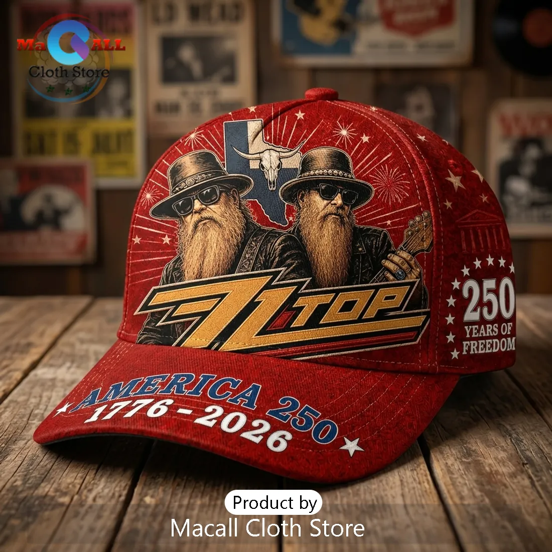 ZZ Top x America 250 Years of Freedom Red Vintage Baseball Cap ZZ Top x America 250 Years of Freedom Red Vintage Baseball Cap