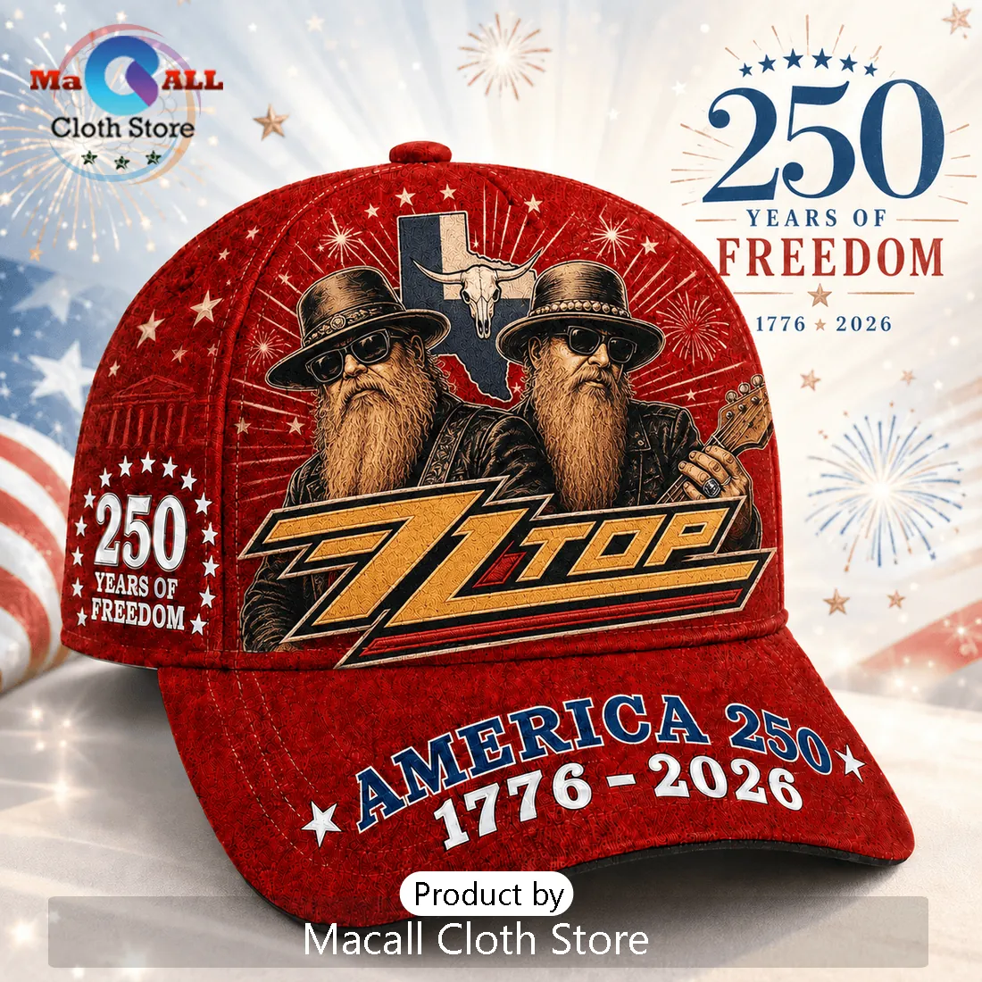 ZZ Top x America 250 Years of Freedom Red Vintage Baseball Cap ZZ Top x America 250 Years of Freedom Red Vintage Baseball Cap