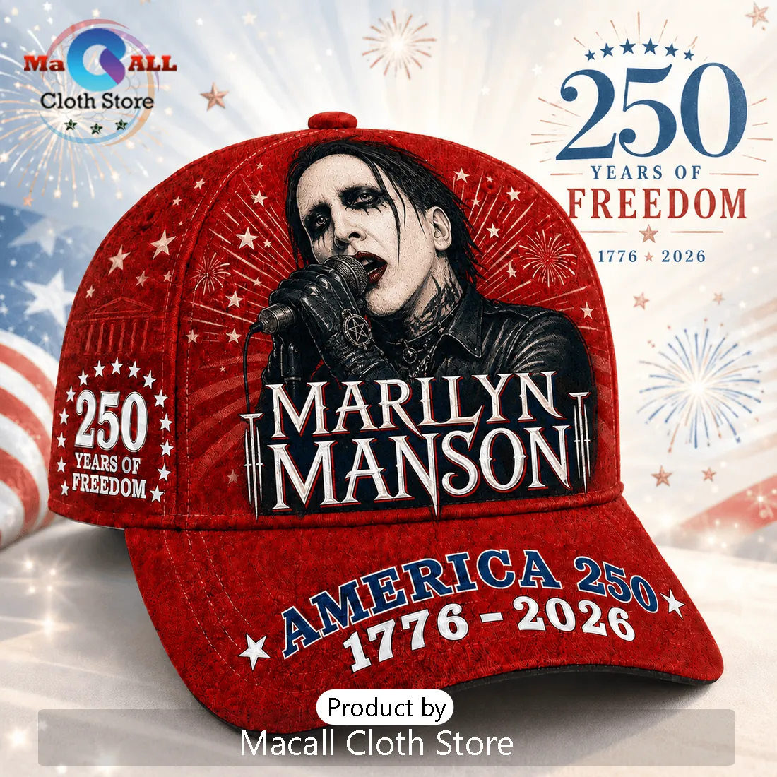 Marilyn Manson x America 250 Years Of Freedom Red Patriotic Baseball Cap Marilyn Manson x America 250 Years Of Freedom Red Patriotic Baseball Cap