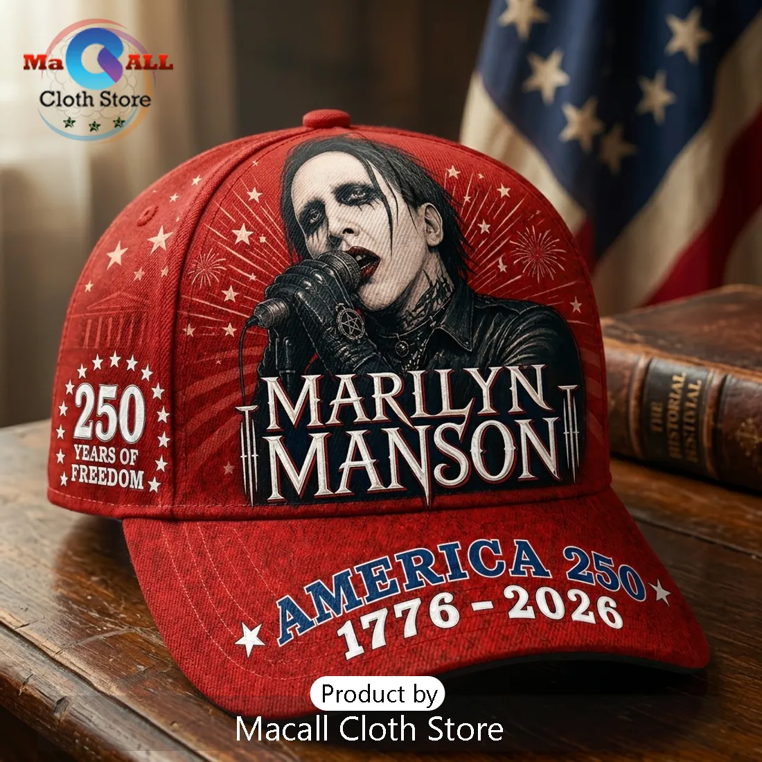 Marilyn Manson x America 250 Years Of Freedom Red Patriotic Baseball Cap Marilyn Manson x America 250 Years Of Freedom Red Patriotic Baseball Cap