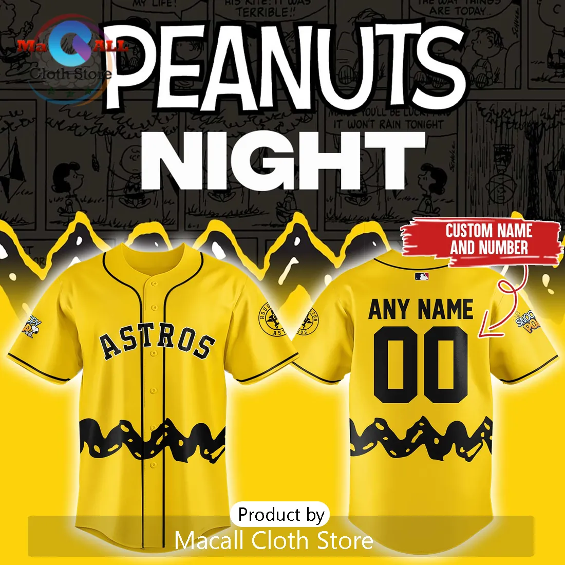 Peanuts x Houston Astros Yellow Vintage Mascot Custom Personalized Baseball Jersey