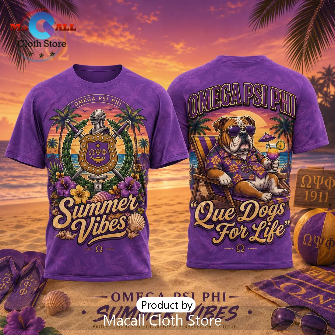 Omega Psi Phi Summer Vibes Purple Bulldog T-Shirt Omega Psi Phi Summer Vibes Purple Bulldog T-Shirt