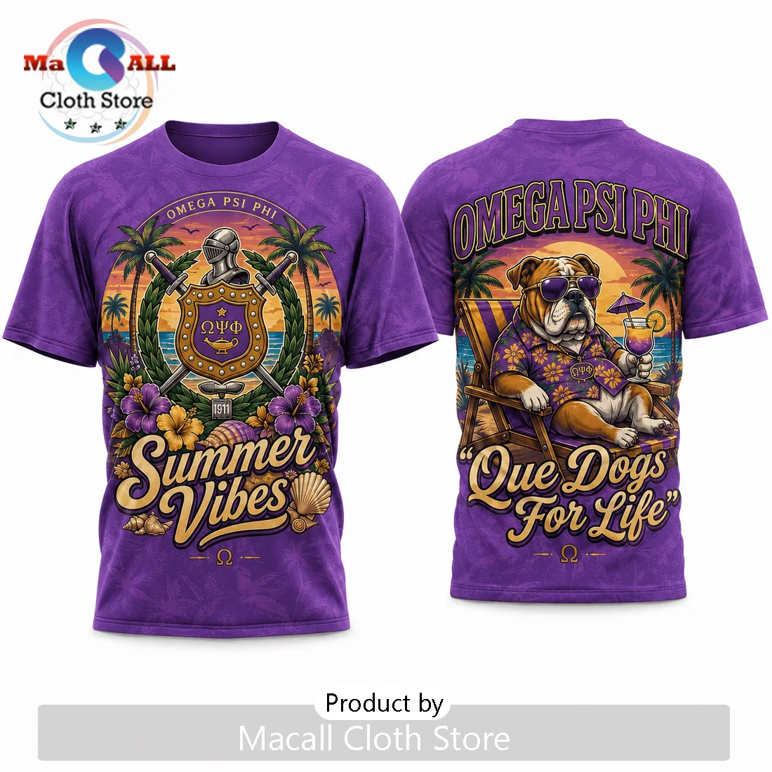 Omega Psi Phi Summer Vibes Purple Bulldog T-Shirt Omega Psi Phi Summer Vibes Purple Bulldog T-Shirt