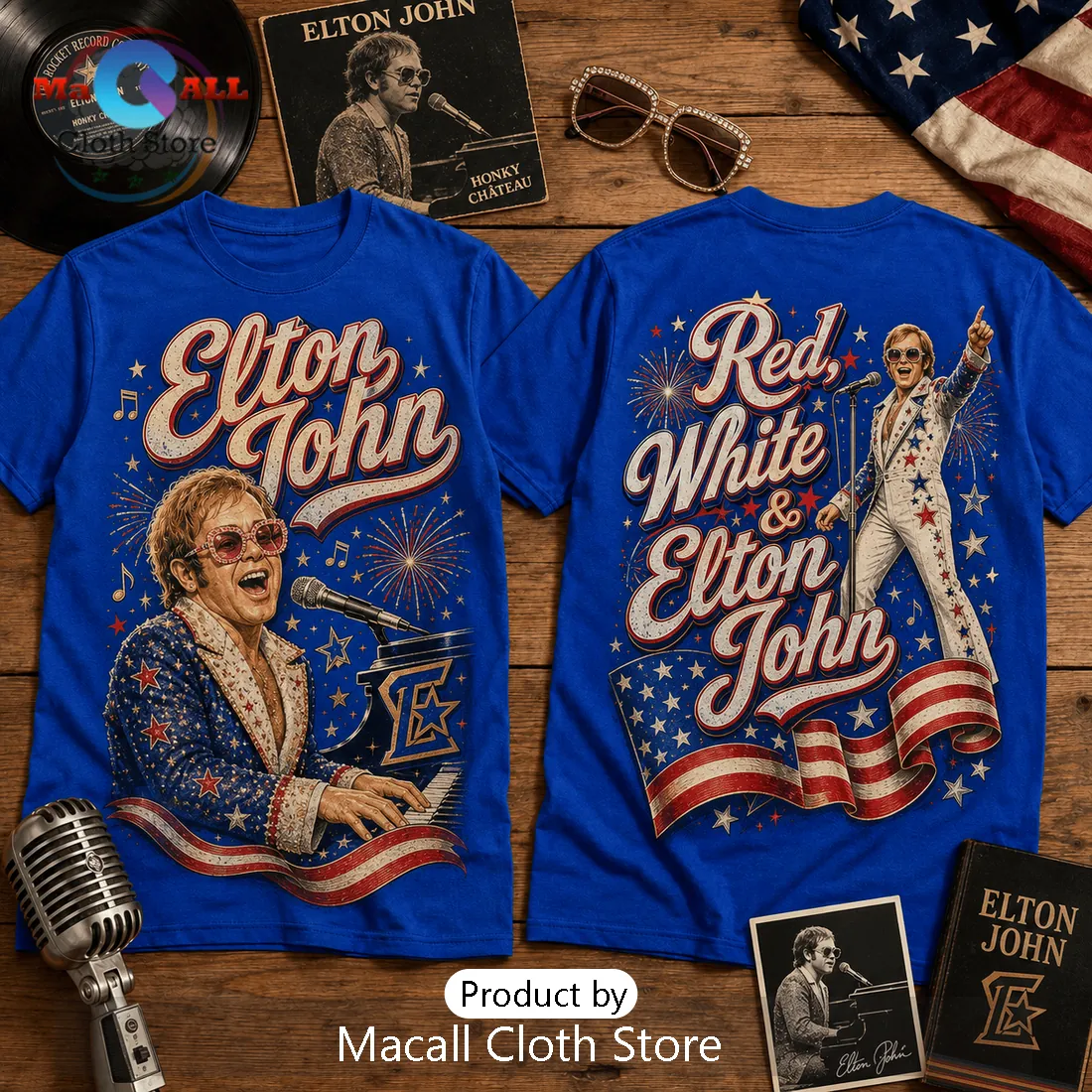Elton John Red White and Elton John Vintage Blue Shirt Elton John Red White and Elton John Vintage Blue Shirt