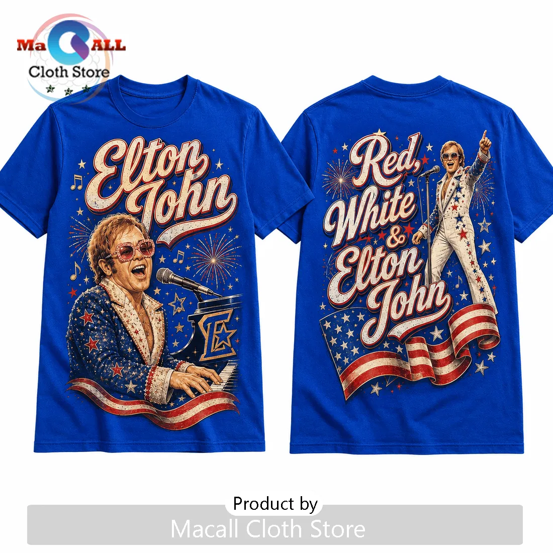 Elton John Red White and Elton John Vintage Blue Shirt Elton John Red White and Elton John Vintage Blue Shirt