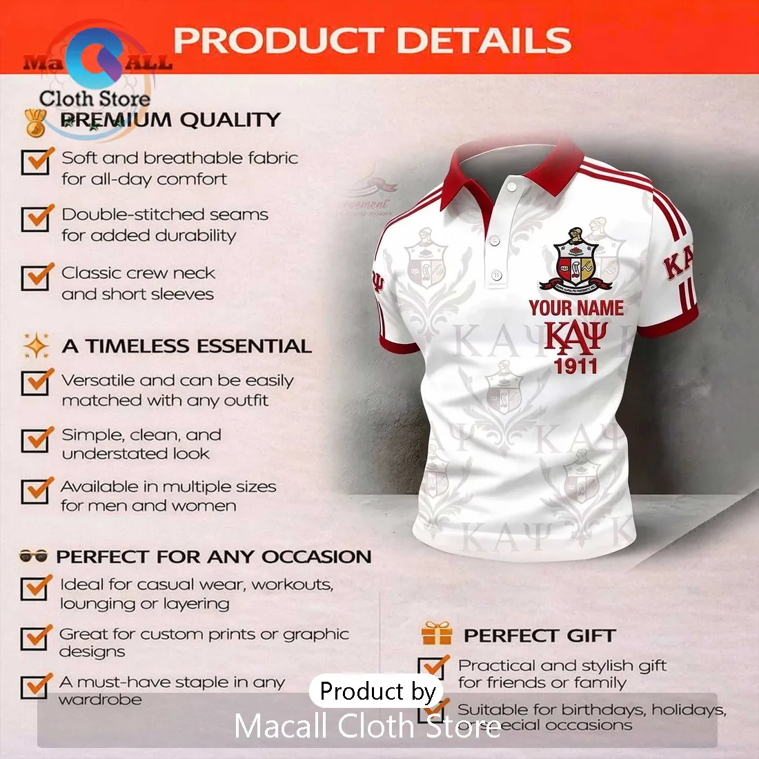Kappa Alpha Psi 1911 Crest White Red Custom Crested Casual Polo Shirt Kappa Alpha Psi 1911 Crest White Red Custom Crested Casual Polo Shirt