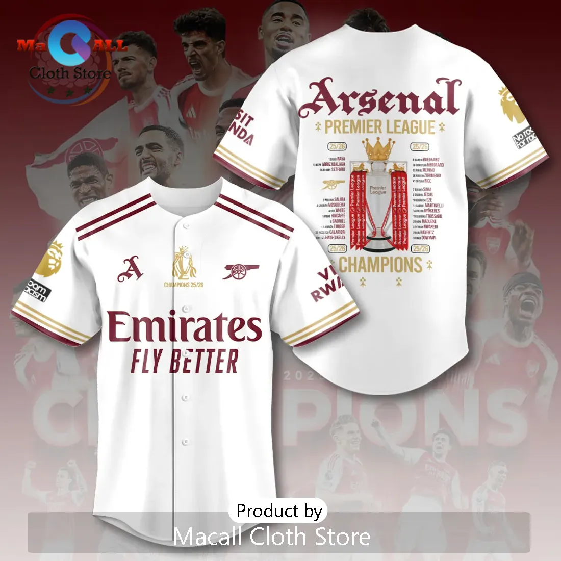 Arsenal FC Premier League Champions 25/26 Baseball Jersey