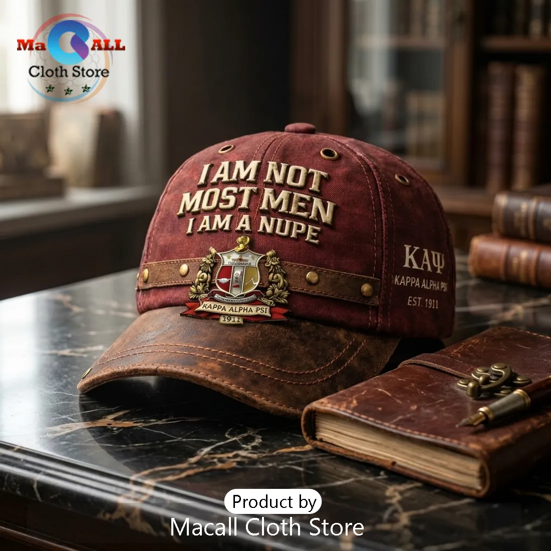 Kappa Alpha Psi 2026 Mascot Maroon Faux Leather Baseball Cap Kappa Alpha Psi 2026 Mascot Maroon Faux Leather Baseball Cap