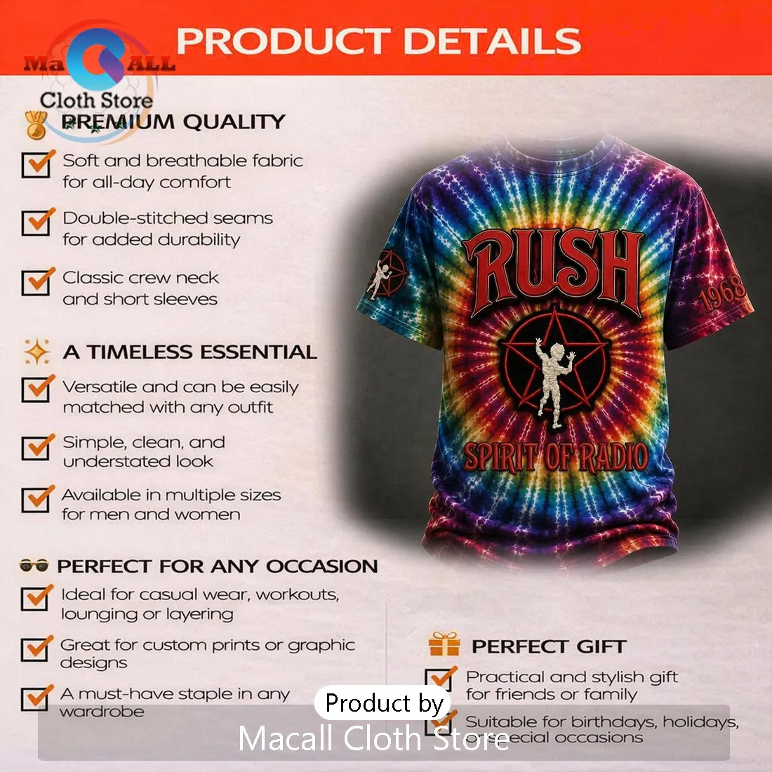 Rush Spirit Of Radio Tie Dye 1968 Premium Crewneck T-Shirt Rush Spirit Of Radio Tie Dye 1968 Premium Crewneck T-Shirt