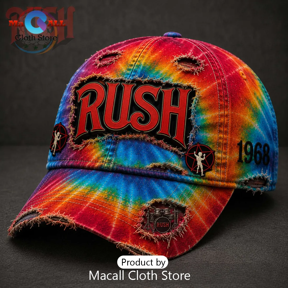 Rush Tie Dye Distressed Logo 1968 Limited Edition Patch Baseball Cap Rush Tie Dye Distressed Logo 1968 Limited Edition Patch Baseball Cap