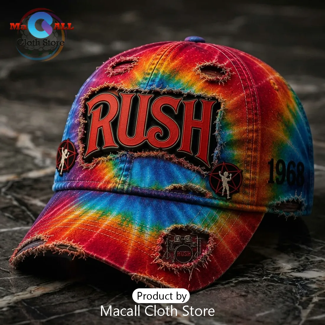 Rush Tie Dye Distressed Logo 1968 Limited Edition Patch Baseball Cap Rush Tie Dye Distressed Logo 1968 Limited Edition Patch Baseball Cap