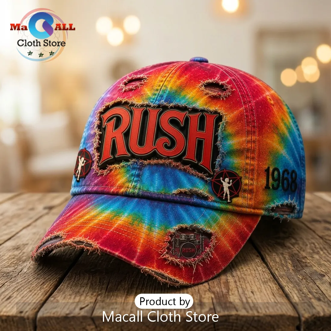 Rush Tie Dye Distressed Logo 1968 Limited Edition Patch Baseball Cap Rush Tie Dye Distressed Logo 1968 Limited Edition Patch Baseball Cap