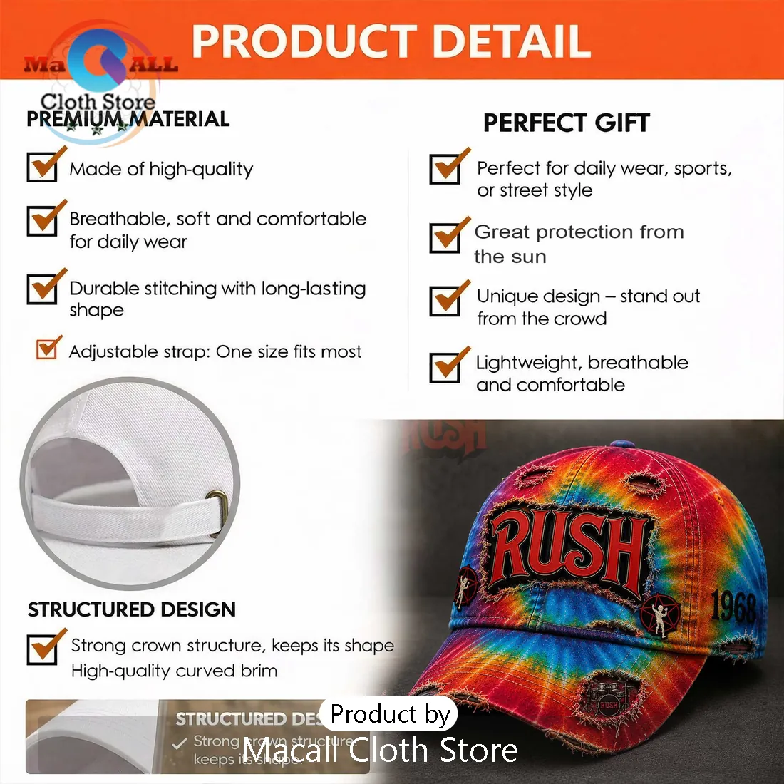 Rush Tie Dye Distressed Logo 1968 Limited Edition Patch Baseball Cap Rush Tie Dye Distressed Logo 1968 Limited Edition Patch Baseball Cap