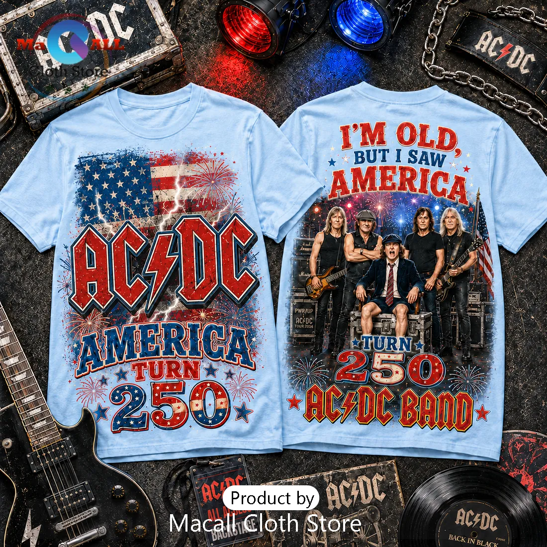 ACDC America 250 Independence Anniversary Light Blue T-Shirt ACDC America 250 Independence Anniversary Light Blue T-Shirt